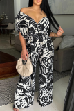 Green Casual Leaf Print V Neck Short Batwing Sleeve Backless Tie-back Loose Casual Vacation Wide Leg Jumpsuits