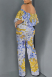 Blue Floral Print Off Shoulder Ruffled Short Sleeve Fitted Casual Vacation Straight Jumpsuits