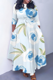 Pink Floral Print O Neck 3/4 Sleeve Belted Fitted A-line Casual Vacation Plus Size Maxi Dresses