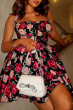 Black Rose Red Floral Print Sleeveless Backless Tie-front Halter A Line Fitted Casual Party Vacation Maxi Slip Dresses