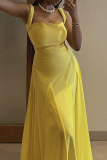 Yellow Square Collar Sleeveless High Waist Fitted A-lline Party Vacation Maxi Slip Dresses