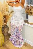 White Pink Feather Floral Print Sleeveless Backless Fitted Casual Party Vacation Plus Size Maxi Slip Dresses