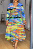 Purple Graphic Print V Neck Long Sleeve High Waisted A-line Fitted Casual Vacation Plus Size Maxi Dresses