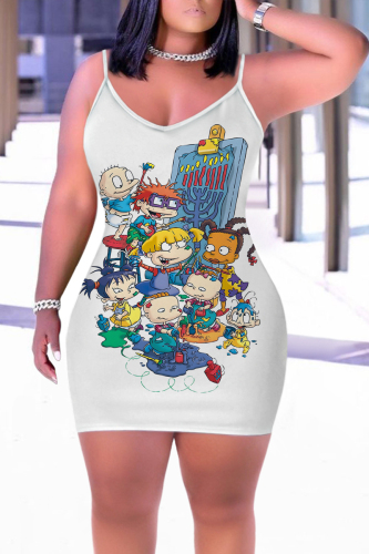 White Cartoon Print Sleeveless Backless Bodycon Casual Outing Plus Size Mini Slip Dresses