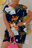Dark Blue Floral Animal Print O Neck Short Sleeve Loose Casual Outing Plus Size Mini T-shirt Dress