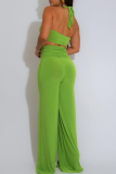 Green Sleeveless Backless Metal Accessories Trim Halter Crop Tops and Wide Leg Pants Casual Vacation Two Piece Trouser Sets