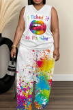 White Floral Figure Print V Neck Sleeveless Tops and Drawstring Wide Leg Pants Casual Plus Size Two Piece Trouser Sets