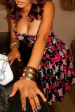 Black Rose Red Floral Print Sleeveless Backless Tie-front Halter A Line Fitted Casual Party Vacation Maxi Slip Dresses