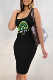 Black Shamrock Stripe Print U Neck Sleeveless Bodycon Casual Vacation Vest Midi Dresses