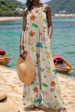 White Abstract Print Sleeveless Backless Button up Casual Vacation Plus Size Wide Leg Slip Jumpsuits