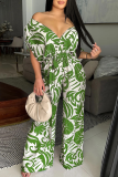 Green Casual Leaf Print V Neck Short Batwing Sleeve Backless Tie-back Loose Casual Vacation Wide Leg Jumpsuits