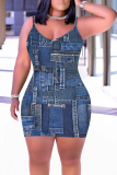 Blue Khaki Faux Denim Print Sleeveless Backless Bodycon Casual Outing Plus Size Mini Slip Dresses
