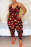 Pink Casual Leopard Colorblock Print Sleeveless Backless Harem Loose Plus Size Cami Jumpsuits