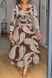 Multicolor Floral Print V Neck Long Sleeve High Waisted A-line Fitted Casual Vacation Plus Size Maxi Dresses