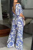 Green Casual Leaf Print V Neck Short Batwing Sleeve Backless Tie-back Loose Casual Vacation Wide Leg Jumpsuits