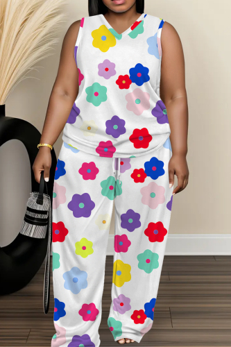 White Floral Figure Print V Neck Sleeveless Tops and Drawstring Wide Leg Pants Casual Plus Size Two Piece Trouser Sets