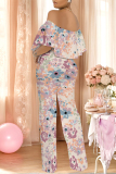 Blue Floral Print Off Shoulder Ruffled Short Sleeve Fitted Casual Vacation Straight Jumpsuits