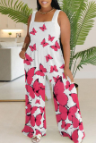 Light Blue Abstract Leopard Floral Print Sleeveless Backless Button up Casual Vacation Plus Size Wide Leg Slip Jumpsuits