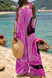 White Abstract Print Sleeveless Backless Button up Casual Vacation Plus Size Wide Leg Slip Jumpsuits