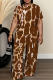 White Green Casual Abstract Leopard Print O Neck Short Sleeve T-shirt and Wide Leg Pants Two Piece Trouser Sets