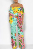 Blue Floral Print Off Shoulder Ruffled Short Sleeve Fitted Casual Vacation Straight Jumpsuits