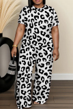 White Green Casual Abstract Leopard Print O Neck Short Sleeve T-shirt and Wide Leg Pants Two Piece Trouser Sets