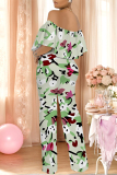 Blue Floral Print Off Shoulder Ruffled Short Sleeve Fitted Casual Vacation Straight Jumpsuits