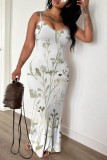 Black Green Floral Plant Print Sleeveless Backless Fitted Casual Party Vacation Plus Size Maxi Slip Dresses