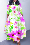 Pink Floral Print O Neck 3/4 Sleeve Belted Fitted A-line Casual Vacation Plus Size Maxi Dresses