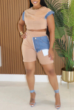 Rose Red Casual O Neck Short Sleeve T-shirt and Skinny Shorts Denim Patchwork Two Piece Short Sets