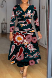 Multicolor Floral Print V Neck Long Sleeve High Waisted A-line Fitted Casual Vacation Plus Size Maxi Dresses