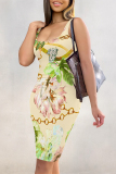 Light Yellow Geometric Floral Print U Neck Sleeveless Bodycon Casual Vacation Midi Slip Dresses