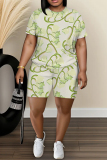 Orange Abstract Print O Neck Short Sleeve T-shirt and Skinny Shorts Casual Outing Two Piece Short Sets