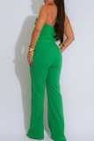 Green Abstract Print Sleeveless Strapless Tube Tops and Straight Pants Casual Party Club Wear Two Piece Trouser Sets