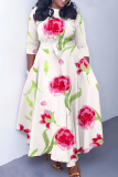 Pink Floral Print O Neck 3/4 Sleeve Belted Fitted A-line Casual Vacation Plus Size Maxi Dresses