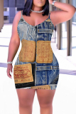 Blue Khaki Faux Denim Print Sleeveless Backless Bodycon Casual Outing Plus Size Mini Slip Dresses