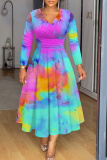 Purple Graphic Print V Neck Long Sleeve High Waisted A-line Fitted Casual Vacation Plus Size Maxi Dresses