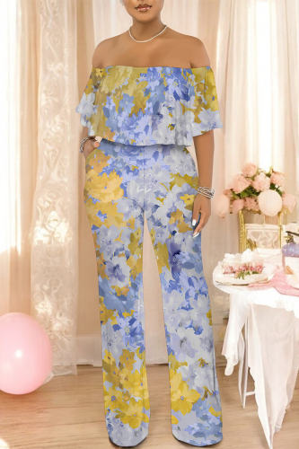 Blue Floral Print Off Shoulder Ruffled Short Sleeve Fitted Casual Vacation Straight Jumpsuits