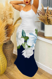 White Pink Feather Floral Print Sleeveless Backless Fitted Casual Party Vacation Plus Size Maxi Slip Dresses
