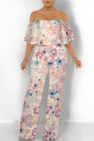 Blue Floral Print Off Shoulder Ruffled Short Sleeve Fitted Casual Vacation Straight Jumpsuits