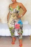 Pink Casual Feather Floral Print Sleeveless Backless Harem Loose Plus Size Cami Jumpsuits