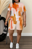 Orange Abstract Print O Neck Short Sleeve T-shirt and Skinny Shorts Casual Outing Two Piece Short Sets