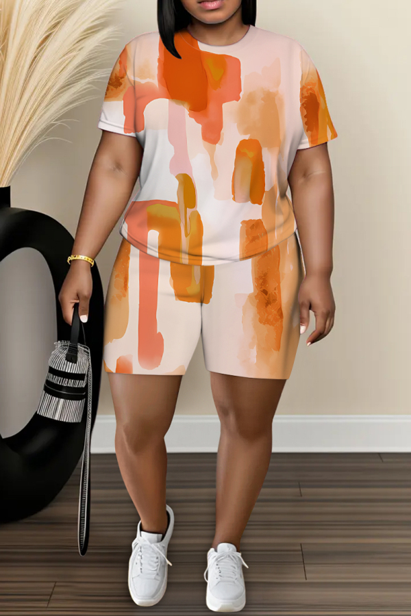 Orange Abstract Print O Neck Short Sleeve T-shirt and Skinny Shorts Casual Outing Two Piece Short Sets