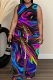 White Floral Figure Print V Neck Sleeveless Tops and Drawstring Wide Leg Pants Casual Plus Size Two Piece Trouser Sets