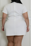 White Casual Contrast Turndown Collar Short Sleeve Fitted Plus Size Mini Dresses