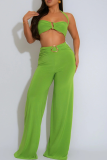 Green Sleeveless Backless Metal Accessories Trim Halter Crop Tops and Wide Leg Pants Casual Vacation Two Piece Trouser Sets