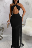 White Sleeveless Backless Fringed Trim Cut Out Twist Rope Bodycon Party Evening Halter Maxi Dresses