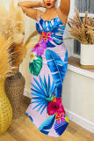 Blue Pink Plant Floral Print Sleeveless Backless Fitted Casual Party Vacation Plus Size Maxi Slip Dresses