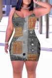 Blue Khaki Faux Denim Print Sleeveless Backless Bodycon Casual Outing Plus Size Mini Slip Dresses