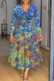 Purple Graphic Print V Neck Long Sleeve High Waisted A-line Fitted Casual Vacation Plus Size Maxi Dresses